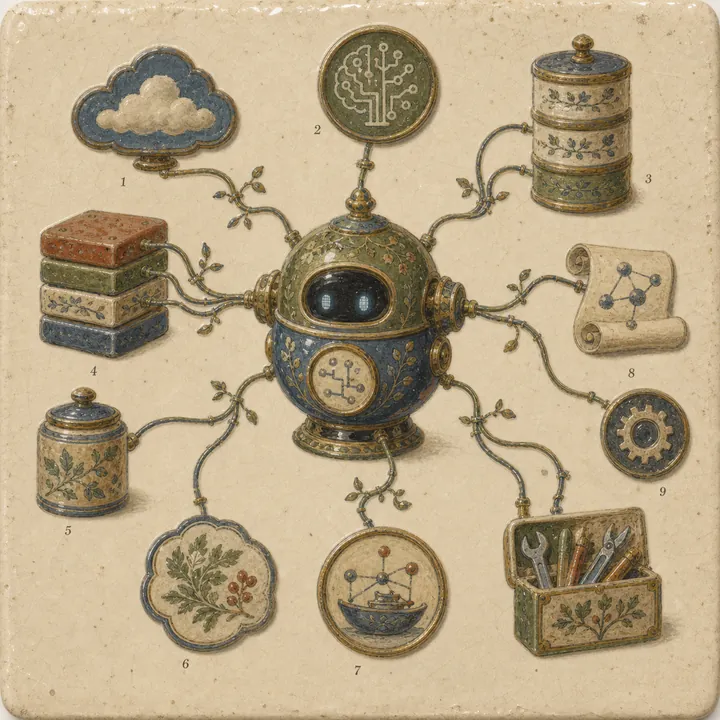 Ceramic plate — an AI agent at the centre of a web of tools and data
