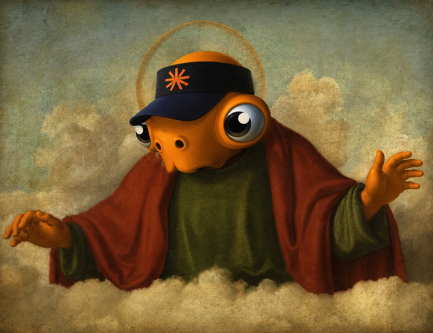 Dexter, the haloed orange assistant — a Renaissance-style portrait of the studio mascot